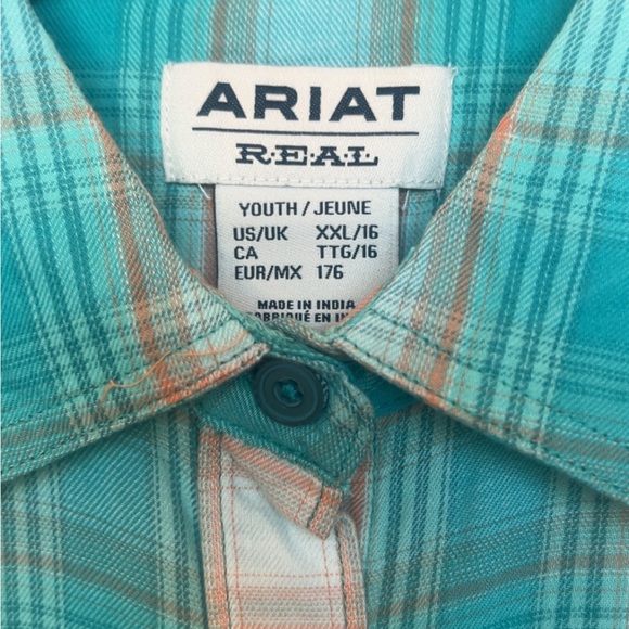 Ariat Girls Turquoise Plaid Western Snap Collard Neck Long Sleeve Shirt. NEW XXL - Picture 6 of 9